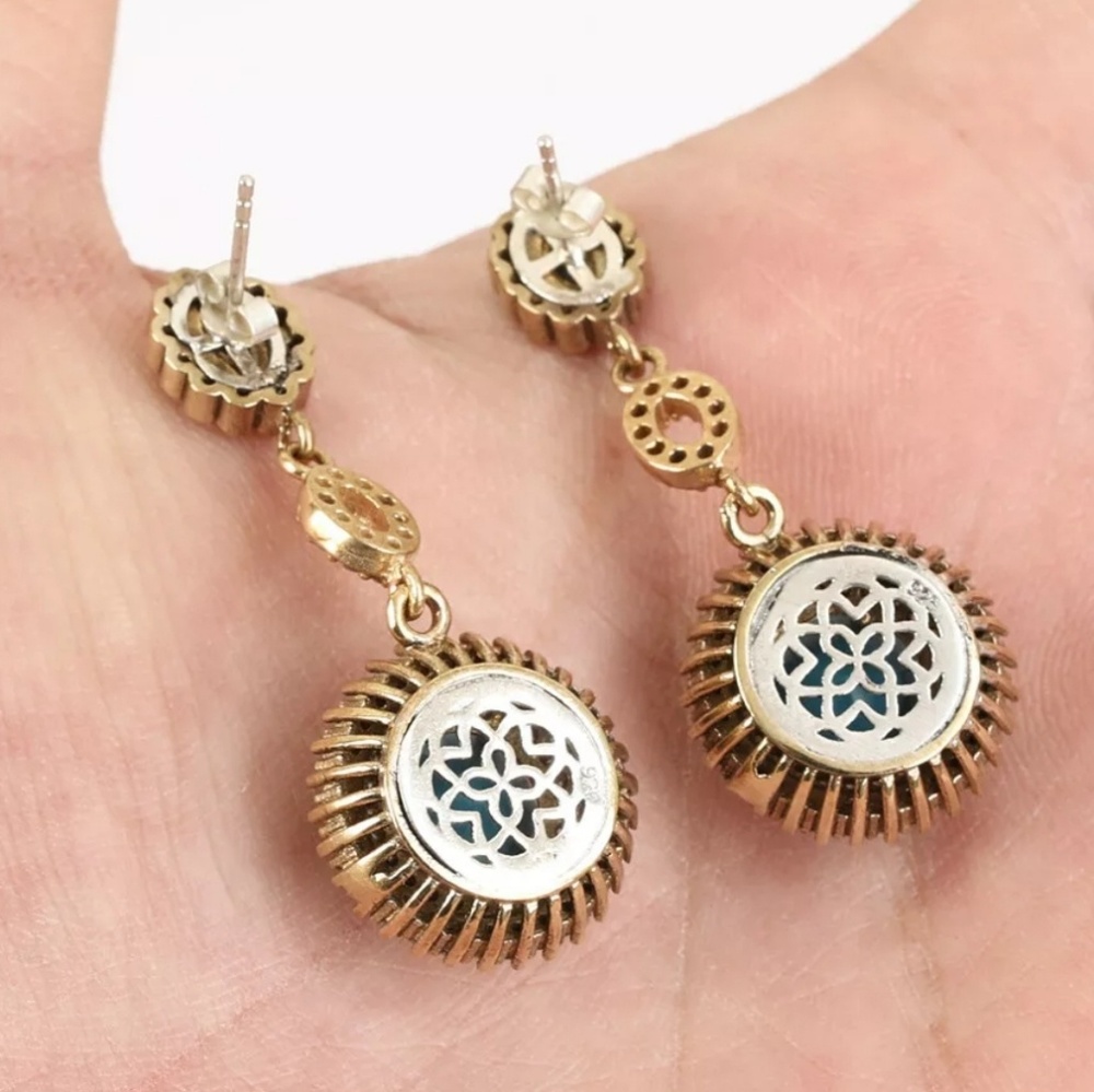 Turquoise & white topaz Sterling & Gold Turkish Style earrings - Picture 2 of 4